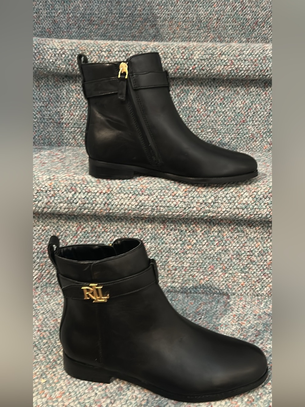 Ralph Lauren Black Leather Ankle Booties with Gold RL Accent - Picture 4 of 7